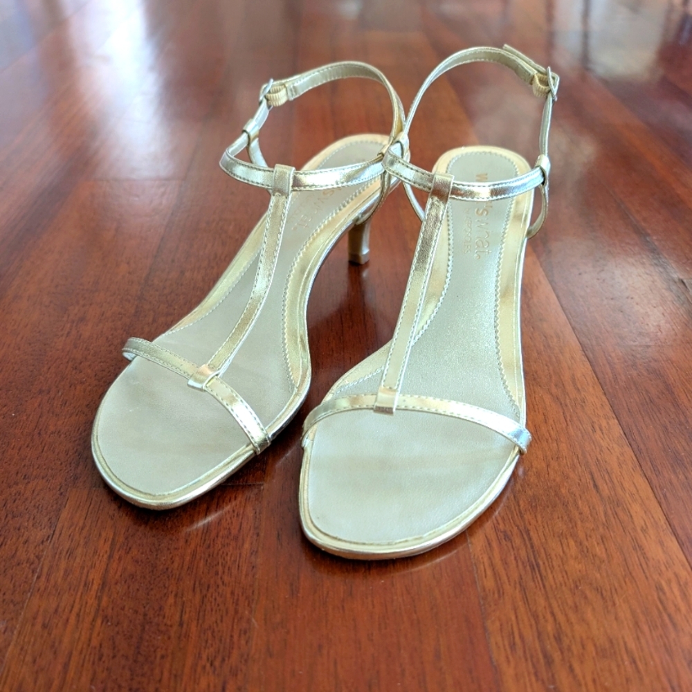 Gold t-strap low heel sandals